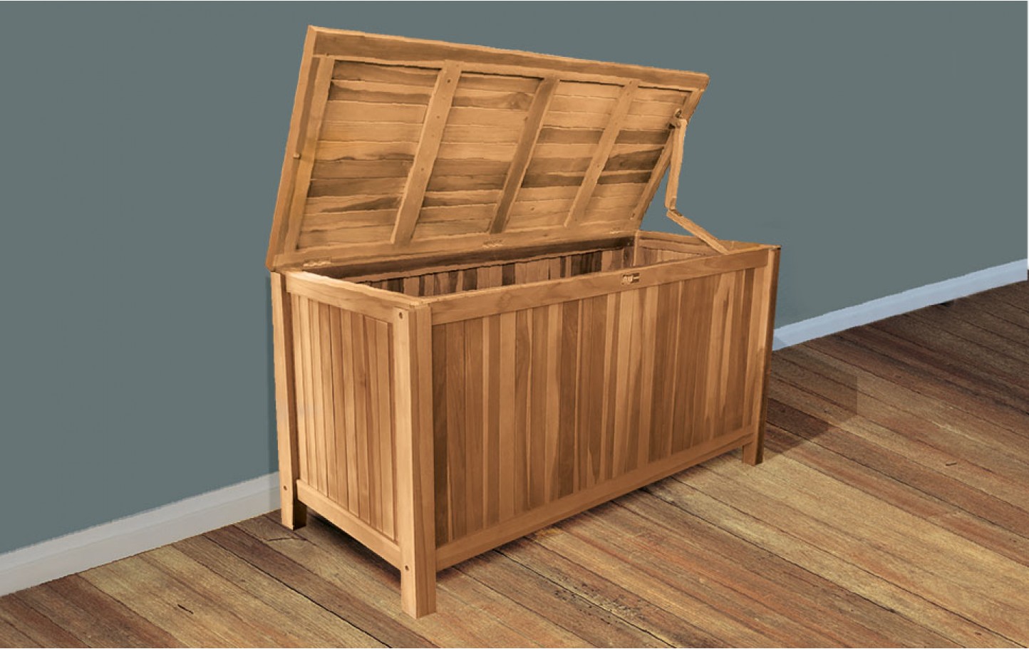 Teakholztruhe „Box“, 145 cm, Kissenbox, Wäschebox, geschlossene Lattung
